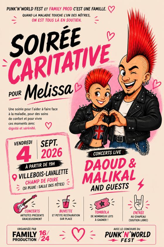 sortie à VILLEBOIS LAVALETTE, Charente. SOIRÉE CONCERT CARITATIVE POUR MÉLISSA Sortir à VILLEBOIS LAVALETTE(Charente). VILLEBOIS LAVALETTE.