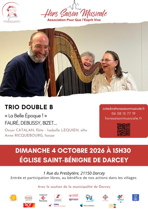 sortie à DARCEY, Côte d'Or. TRIO DOUBLE B EN CONCERT (FLÛTE, ALTO, HARPE) ! Sortir à DARCEY(Côte d'Or). DARCEY.