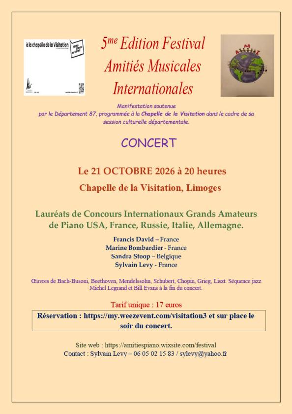 sortie à LIMOGES, Haute Vienne. 5ÈME ÉDITION - FESTIVAL AMITIÉS MUSICALES INTERNAT Sortir à LIMOGES(Haute Vienne). LIMOGES.