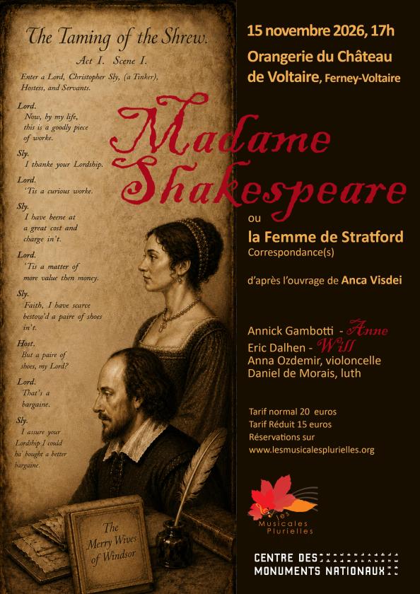 sortie à FERNEY VOLTAIRE, Ain. MADAME SHAKEAPEARE OU LA FEMME DE STRADFORD Sortir à FERNEY VOLTAIRE(Ain). FERNEY VOLTAIRE.