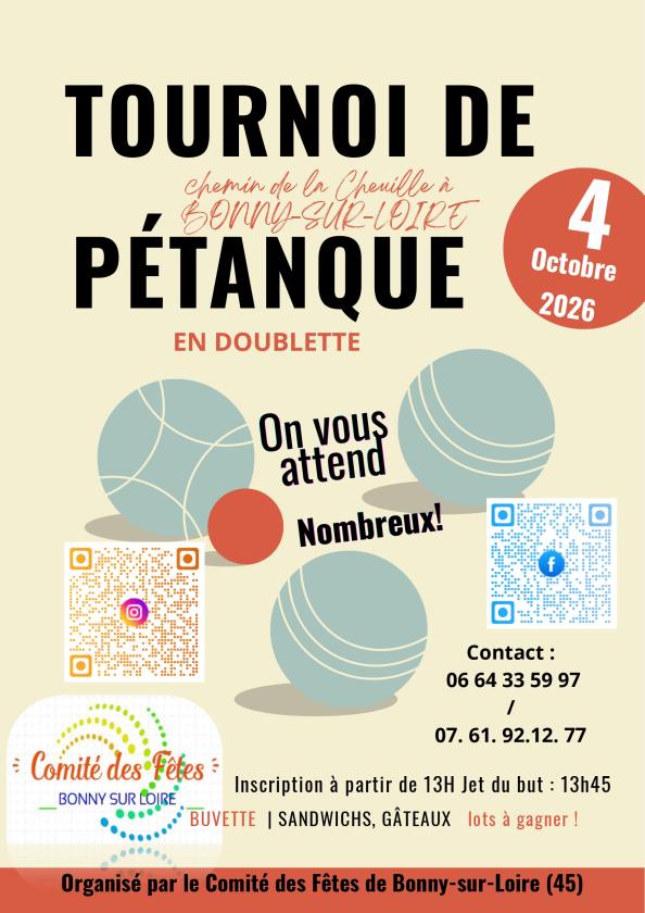 sortie à BONNY SUR LOIRE, Loiret. TOURNOI DE PÉTANQUE AMICAL ET GRATUIT, EN DOUBLETT Sortir à BONNY SUR LOIRE(Loiret). BONNY SUR LOIRE.