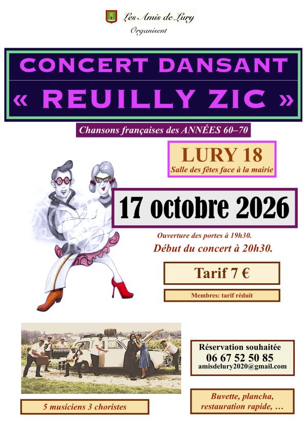sortie à LURY SUR ARNON, Cher. CONCERT DANSANT AVEC «REUILLY ZIC» Sortir à LURY SUR ARNON(Cher). LURY SUR ARNON.