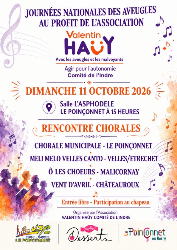 sortie à LE POINCONNET, Indre. JOURNÉE MONDIALE DE LA VUE CONCERT DE CHORALES Sortir à LE POINCONNET(Indre). LE POINCONNET.