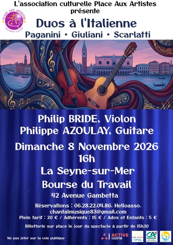 sortie à LA SEYNE SUR MER, Var. DUOS À L'ITALIENNE - CONCERT VIOLON/GUITARE Sortir à LA SEYNE SUR MER(Var). LA SEYNE SUR MER.