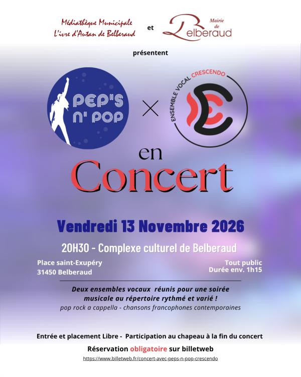 sortie à BELBERAUD, Haute Garonne. CONCERT ENSEMBLES VOCAUX PEP'S N'POP & CRESCENDO Sortir à BELBERAUD(Haute Garonne). BELBERAUD.