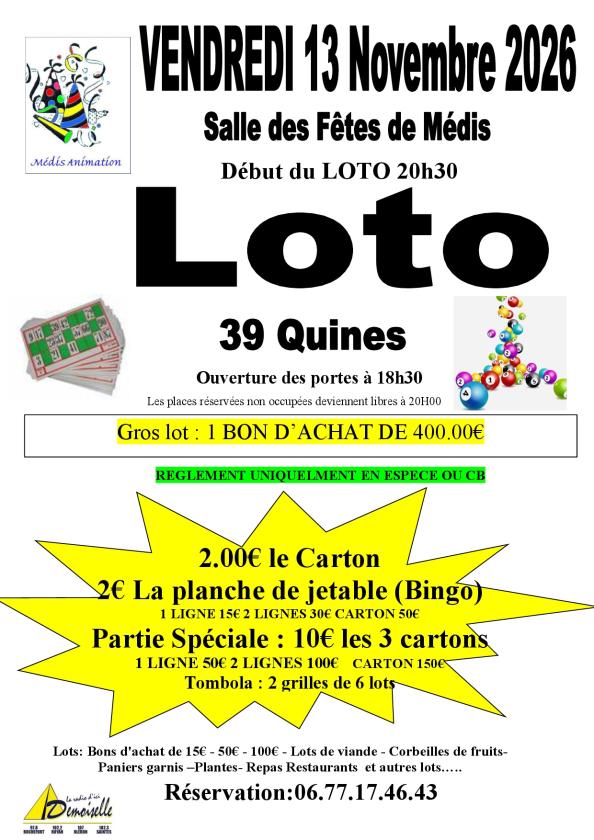 sortie à MEDIS, Charente Maritime. LOTO ANNUEL DE MEDIS ANIMATION Sortir à MEDIS(Charente Maritime). MEDIS.