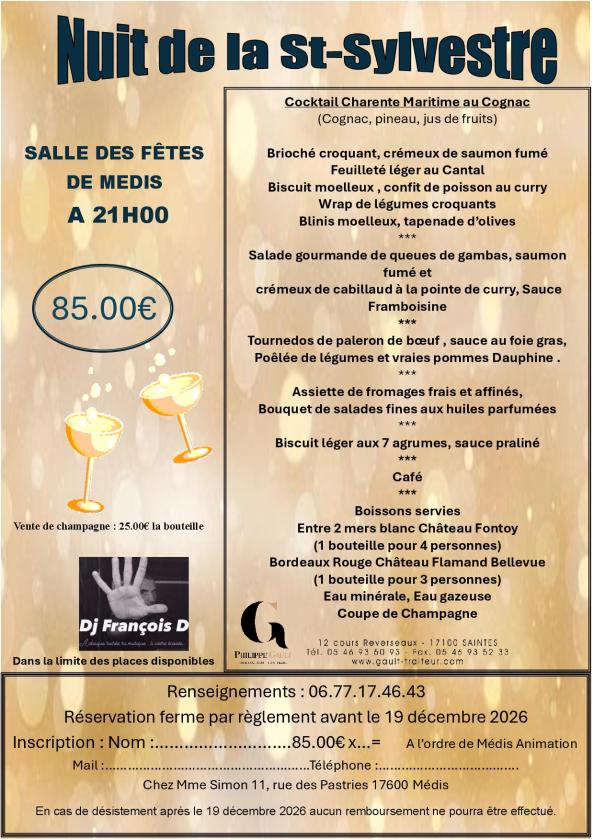 sortie à MEDIS, Charente Maritime. SOIREE DE LA SAINT SYLVESTRE Sortir à MEDIS(Charente Maritime). MEDIS.