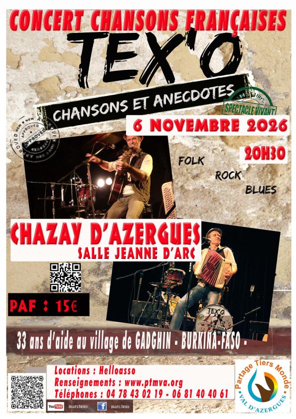 sortie à CHAZAY D AZERGUES, Rhône. CONCERT TEX'O CHANSONS FRANÇAISES Sortir à CHAZAY D AZERGUES(Rhône). CHAZAY D AZERGUES.